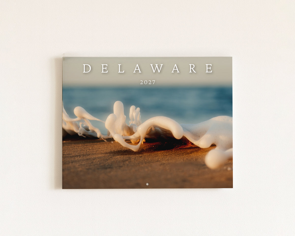 2027 Delaware Calendar cover with a wave washing over the sand